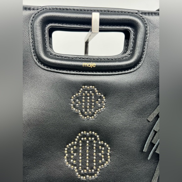NWT MAJE Sac M Black Studded Leather Embellished Clover Motif Fringe Crossbody - Picture 5 of 13